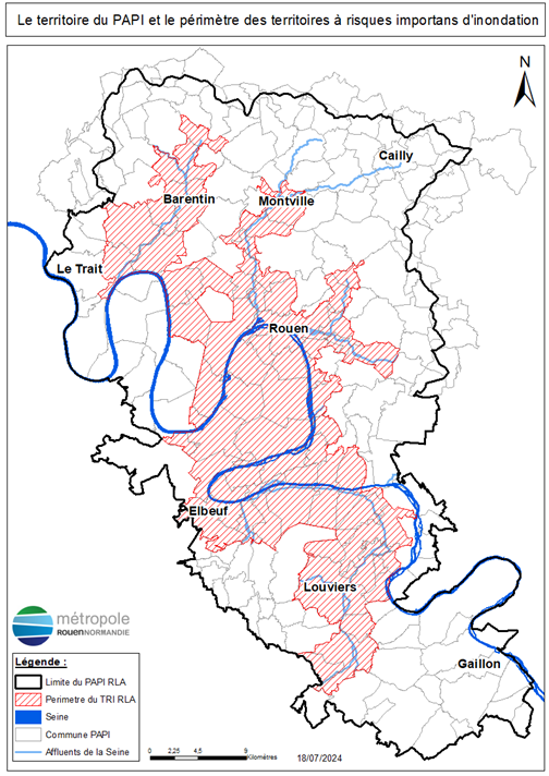 Carte du territoire du PAPI Rouen-Louviers-Austreberthe et le périmètre de ses territoires à risques important d'inondations