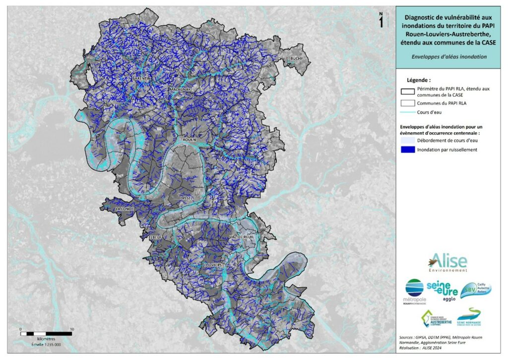 Carte sur laquelle on peut observer le diagnostic de vulnérabilité aux inondations du territoire du PAPI Rouen - Louviers - Austreberthe étendu aux communes de la CASE. Cette carte a été réalisée en 2024