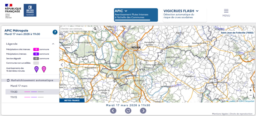 Carte des communes autour de Rouen indiquant l'absence d'Alerte APIC au 17 mars 2026 (aucune commune colorée en rose ou violet sur la carte)