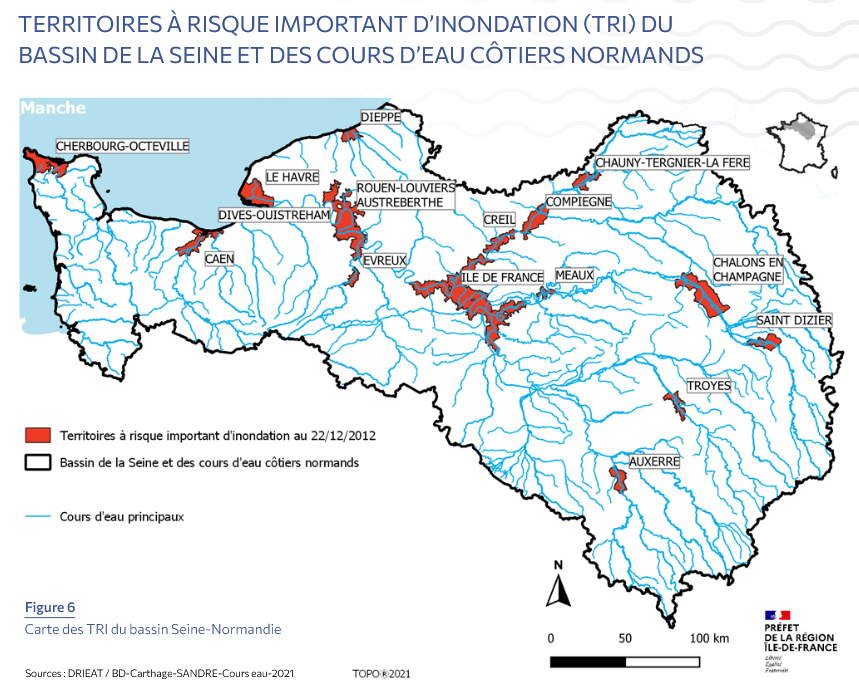 Carte du bassin versant Seine Normandie faisant apparaître les Territoires à risque important d'Inondations, dont le TRI Rouen-Louviers-Austreberthe, ayant donné lieu au PAPI Rouen Louviers Austreberthe